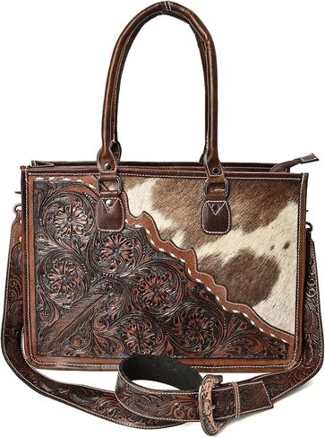 Merbaa Leather Tote Bag Western Cowhide Hair-On Tote Bag for Women Shoulder Bag Purse Handtooled With Adjustable Strap in Saudi Arabia