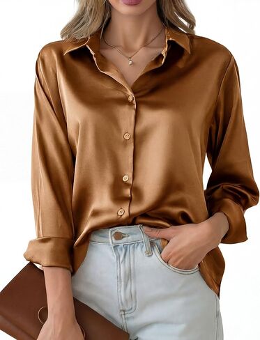 Women's Satin Silk Button Down Shirts Silky Long Sleeve Office Work Shirt Business Casual Blouses Tops in Kuwait