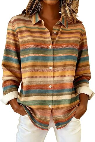 Womens Plaid Tops Boho Long Sleeve Button Down Shirts Casual Dressy Blouses Oversized Collared Summer Tops in Kuwait