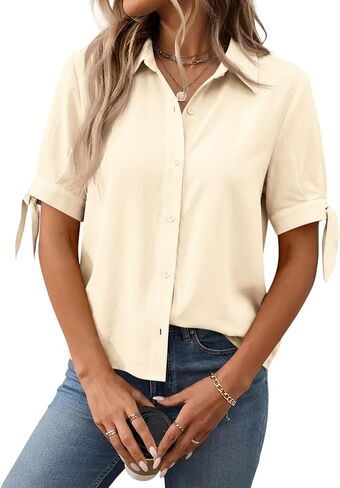 Cicy Bell Womens Short Sleeve Button Down Shirts Summer Casual Collared Tops Loose Fit Bow Blouses in Saudi Arabia