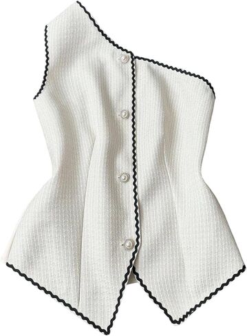 Women's One Shoulder Pearl Button Up Dress Shirt Sleeveless Contrast Binding Blouse in Saudi Arabia