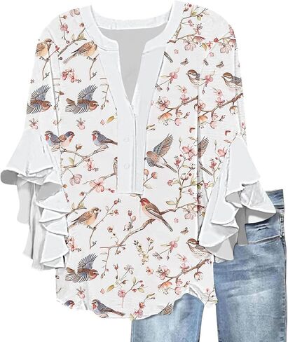 Women's Ruffle 3/4 Sleeve Tops Dressy Casual Elegant V Neck Button Formal Shirts Loose Boho Beach Blouses Tees in Saudi Arabia