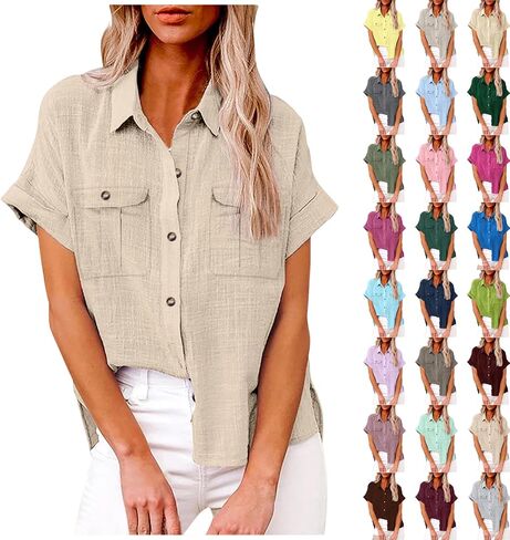 Womens Button Down Shirts Cotton Linen Short Sleeve Blouse Casual Dressy Gauze Tops Loose Fit Summer Tees in Saudi Arabia