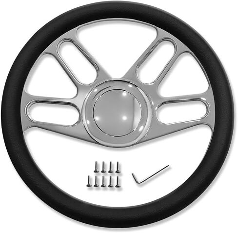 Chrome 14" Billet Aluminum 9 Holes Steering Wheel Trinity Style with Black Leather Half Wrap & Smooth Horn Button in Kuwait