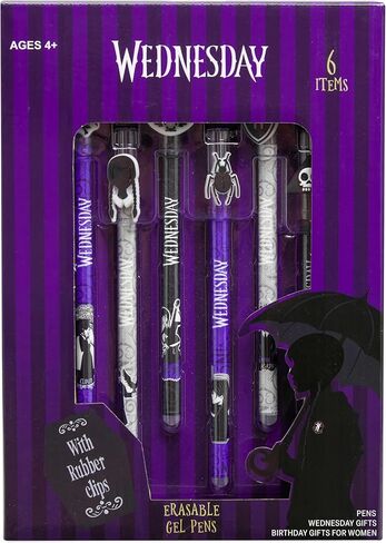 Wednesday Erasable Gel Pens 0.5 mm Tip, 6 Color Set with Built-in Erasers & Decorative Toppers, Smooth Ink Gel Pens for Writing, Gifts for Girls in Kuwait