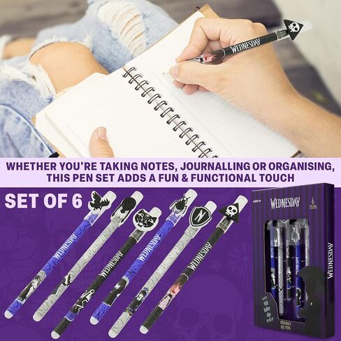 Wednesday Erasable Gel Pens 0.5 mm Tip, 6 Color Set with Built-in Erasers & Decorative Toppers, Smooth Ink Gel Pens for Writing, Gifts for Girls in Kuwait