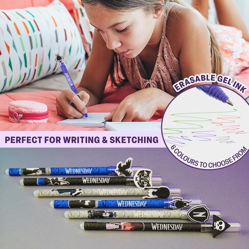 Wednesday Erasable Gel Pens 0.5 mm Tip, 6 Color Set with Built-in Erasers & Decorative Toppers, Smooth Ink Gel Pens for Writing, Gifts for Girls in Kuwait