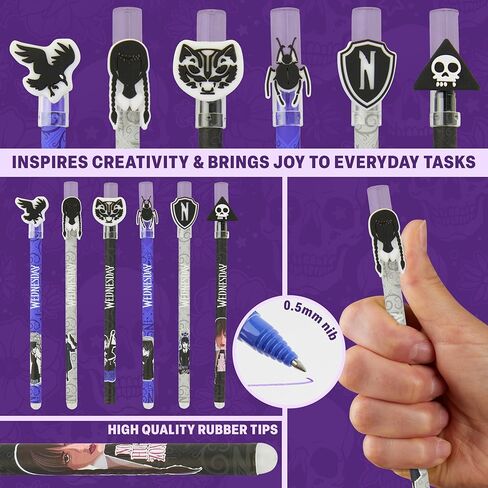 Wednesday Erasable Gel Pens 0.5 mm Tip, 6 Color Set with Built-in Erasers & Decorative Toppers, Smooth Ink Gel Pens for Writing, Gifts for Girls in Kuwait