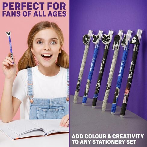 Wednesday Erasable Gel Pens 0.5 mm Tip, 6 Color Set with Built-in Erasers & Decorative Toppers, Smooth Ink Gel Pens for Writing, Gifts for Girls in Kuwait