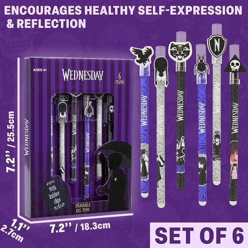 Wednesday Erasable Gel Pens 0.5 mm Tip, 6 Color Set with Built-in Erasers & Decorative Toppers, Smooth Ink Gel Pens for Writing, Gifts for Girls in Kuwait