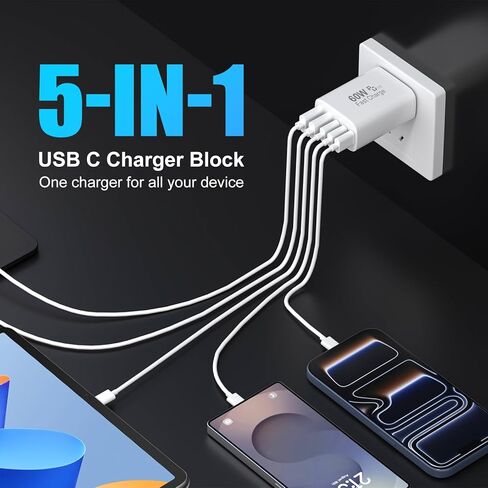 محول طاقة مدمج بمنفذ USB-C مزدوج [GaN] PD 3.0 قابل للطي USB من النوع C قابس شاحن حائط سريع لهاتف iPhone 15 14 13 12 11 Pro Max Plus Mini وiPad وAirPods وMacBook Air [بدون كابل] in Kuwait
