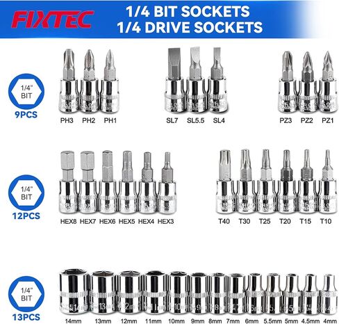 مجموعة مفاتيح ربط بسقاطة بمقبس محرك 1/4 بوصة من FIXTEC، مجموعة مقبس متري ولقم مع قضبان تمديد، ومفاصل عالمية وحقيبة تخزين، مجموعة أدوات فولاذية CR-V لإصلاح السيارات وصيانة المنزل in Kuwait
