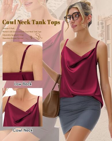 3 Pack Women's Silk Satin Camisole Cowl Neck Tank Tops Adjustable Spaghetti Strap Sleeveless Blouses Summer 2026(Black, White, Rose Red,Small) in Saudi Arabia