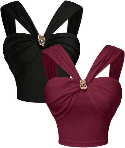 OYOANGLE Women's 2 Piece Wide Strap Crop Tank Top Ruched V Neck Sleeveless Summer Going Out Tops in Saudi Arabia