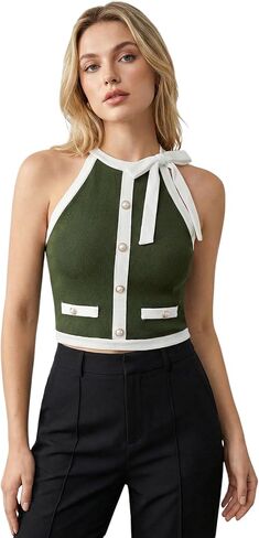 Women's Summer Tie Neck Halter Crop Top Button Front Sleeveless Knit Dressy Casual Office Tops in Kuwait