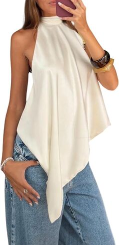 Famnbro Women Silk Satin Top Y2k Halter Neck Sleeveless Backless Asymmetrical Sexy Elegant Going Out Party Tank Tops in Kuwait