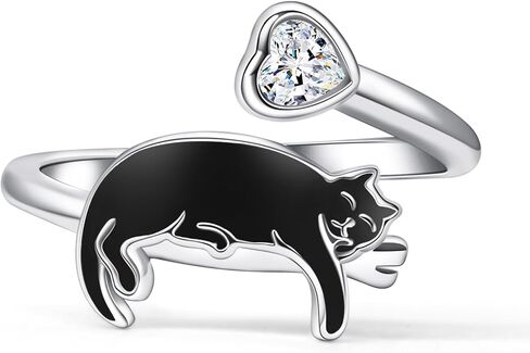 Sterling Silver Black Cat Ring - S925 Kitty Open Rings Cute Witch Jewelry Gifts for Women Pet Lover in Saudi Arabia