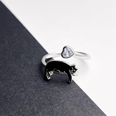 Sterling Silver Black Cat Ring - S925 Kitty Open Rings Cute Witch Jewelry Gifts for Women Pet Lover in Saudi Arabia