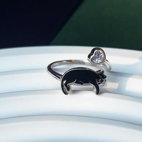 Sterling Silver Black Cat Ring - S925 Kitty Open Rings Cute Witch Jewelry Gifts for Women Pet Lover in Saudi Arabia