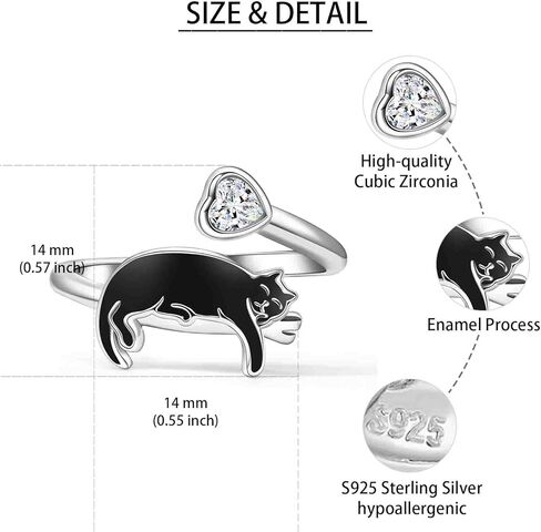 Sterling Silver Black Cat Ring - S925 Kitty Open Rings Cute Witch Jewelry Gifts for Women Pet Lover in Saudi Arabia