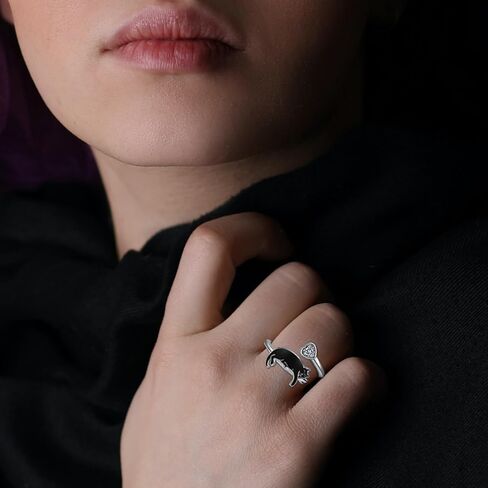 Sterling Silver Black Cat Ring - S925 Kitty Open Rings Cute Witch Jewelry Gifts for Women Pet Lover in Saudi Arabia