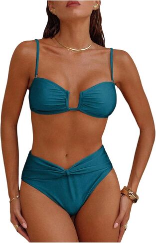 SHENHE Women's 2 Piece Swimsuits U Wire Knot Front Mid Waisted Bikini Set Bathing Suits in Saudi Arabia