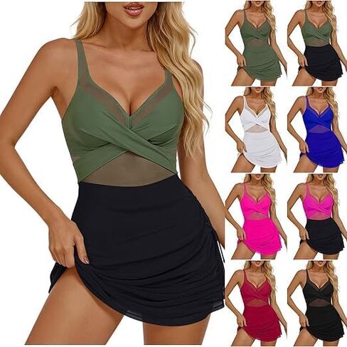 Swim Dress for Women Swimwear Tummy Control Modest One Piece Bathing Suit Vacation Spaghetti Strap Mesh Swimsuits in Saudi Arabia