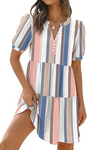 ETCYY Sundresses for Women 2026 Vacation Swimwear Coverups Boho Floral Beach Dress Striped Short Sleeve Tshirt Summer Dresses in Kuwait