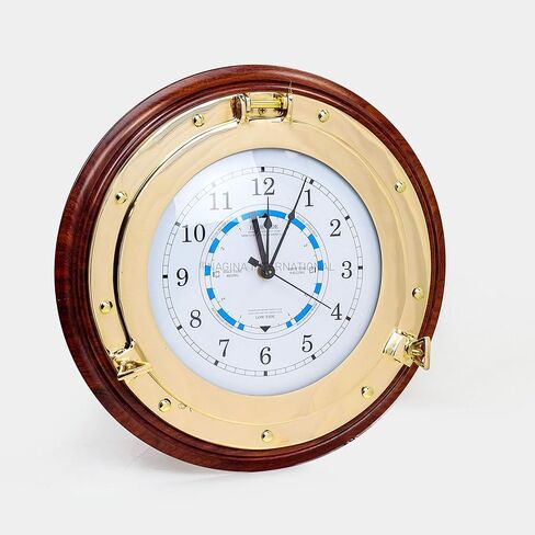 Nagina International Nautical Time Tide Clock On Premium Wooden Base - Polished Brass Porthole Wall Hanging Decor (12 Inches) in Saudi Arabia