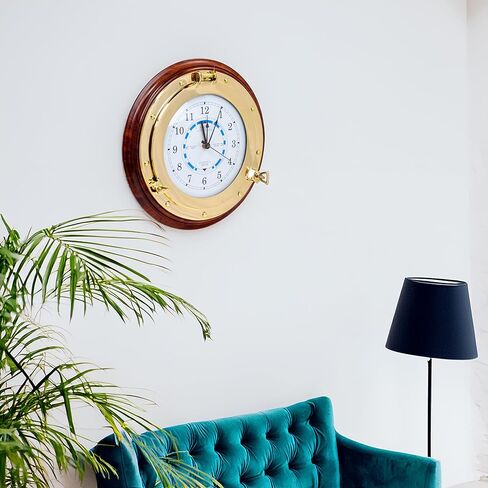 Nagina International Nautical Time Tide Clock On Premium Wooden Base - Polished Brass Porthole Wall Hanging Decor (12 Inches) in Saudi Arabia