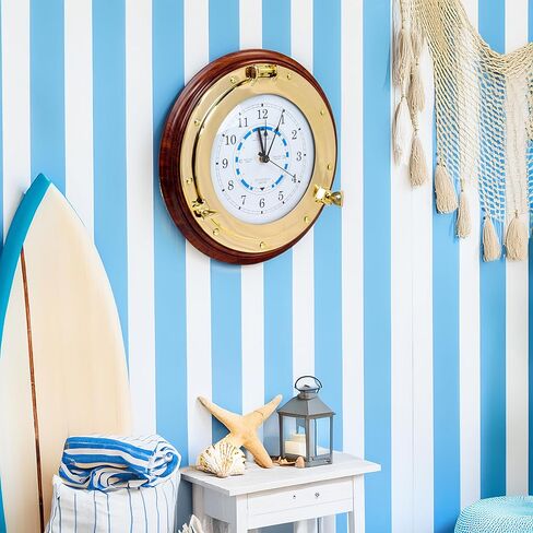 Nagina International Nautical Time Tide Clock On Premium Wooden Base - Polished Brass Porthole Wall Hanging Decor (12 Inches) in Saudi Arabia