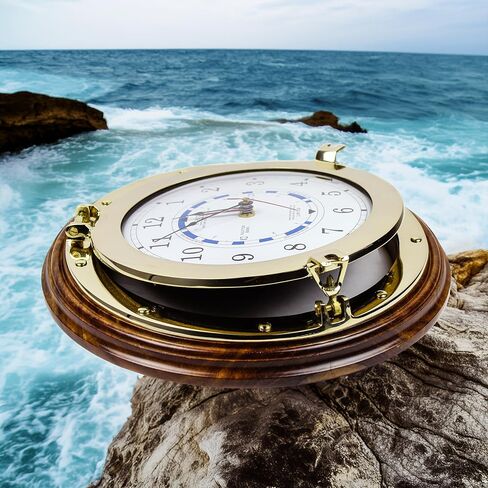 Nagina International Nautical Time Tide Clock On Premium Wooden Base - Polished Brass Porthole Wall Hanging Decor (12 Inches) in Saudi Arabia