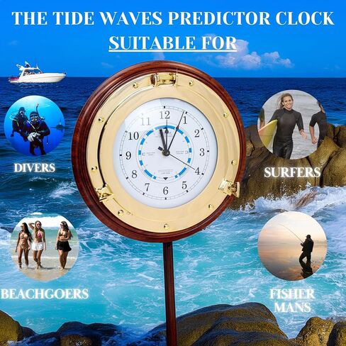 Nagina International Nautical Time Tide Clock On Premium Wooden Base - Polished Brass Porthole Wall Hanging Decor (12 Inches) in Saudi Arabia