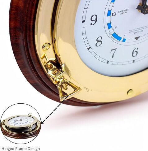 Nagina International Nautical Time Tide Clock On Premium Wooden Base - Polished Brass Porthole Wall Hanging Decor (12 Inches) in Saudi Arabia