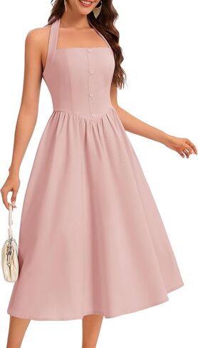 Dressystar Women's Summer Halter Midi Dress 2026 Sleeveless Backless High Waist Flowy Wedding Guest Formal Long Dresses in Kuwait