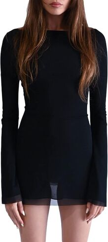 Women's Off The Shoulder Lace Bodycon Mini Dress Bell Long Sleeve Wrap Tie Mesh Lace Short Dress for Club Party in Saudi Arabia