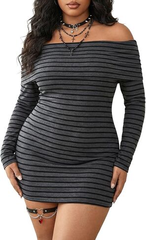SHENHE Women's Plus Size Striped Off The Shoulder Sweater Dress Long Sleeve Y2K Grunge Mini Dresses in Saudi Arabia