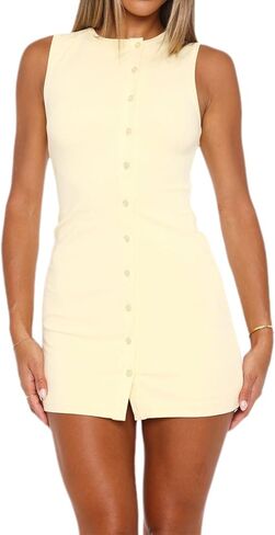 NUFIWI Women Summer Formal Sleeveless Tank Dress Asymmetrical Button Up Mini Dress Bodycon Going Out Party Dresses in Saudi Arabia