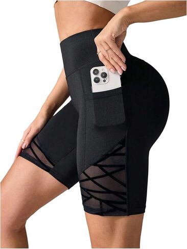 OYOANGLE Women's Athletic Shorts High Waist Mesh Seamless Workout Gym Yoga Shorts with Pocket in Saudi Arabia
