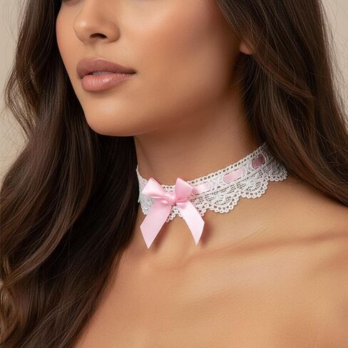 FORUBUS Vintage Lace Bow-Knot Choker Necklace for Women, Pink Choker for Women, Lace Choker for Women, Bow Necklaces for Women in Kuwait