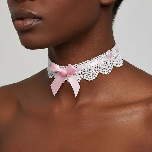 FORUBUS Vintage Lace Bow-Knot Choker Necklace for Women, Pink Choker for Women, Lace Choker for Women, Bow Necklaces for Women in Kuwait