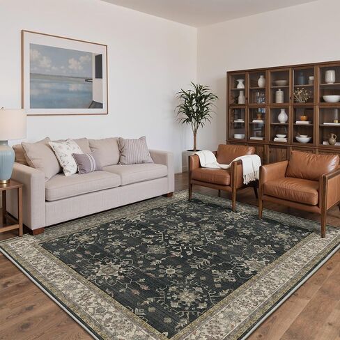 GENIMO 8x10 Area Rugs, Machine Washable Rug Non Slip, Soft Retro Vintage Boho Rug Indoor, Ultra-Thin Low Pile Large Rugs for Living Room, Bedroom, Dining Room, Home Office, Brown in Kuwait