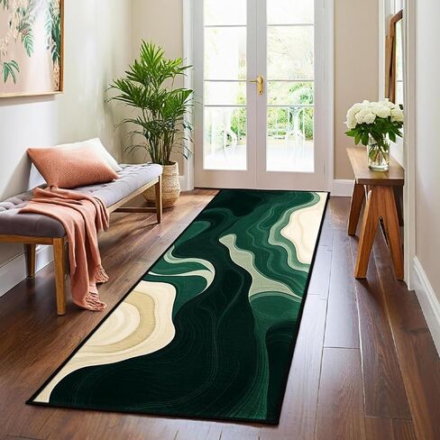 AQQA Sage Green Runner Rug 2x6,Abstract Wavy Hallway Runner, Washable Non-Slip Long Rug for Kitchen,Modern Art Deco Entryway Rug,Low-Pile Indoor Floor Carpet for Laundry Room,Bedside,Office (Emerald) in Saudi Arabia
