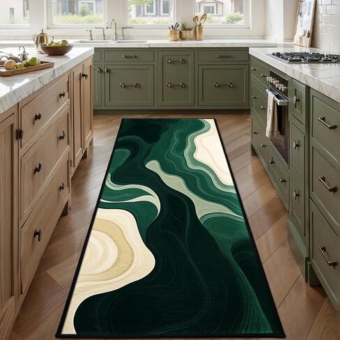 AQQA Sage Green Runner Rug 2x6,Abstract Wavy Hallway Runner, Washable Non-Slip Long Rug for Kitchen,Modern Art Deco Entryway Rug,Low-Pile Indoor Floor Carpet for Laundry Room,Bedside,Office (Emerald) in Saudi Arabia