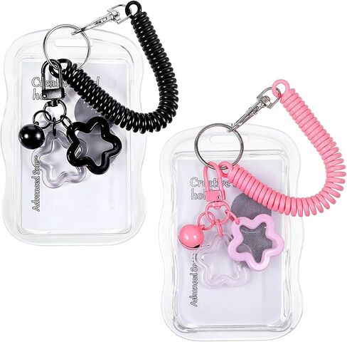 2 حزمة حامل بطاقة الصورة، حامل بطاقة الصور لطيف نجمة موجة Photocard المفاتيح Kawaii بطاقة صورة شفافة لبطاقات الهوية حافلة حامي حاملي بطاقات المعبود (أسود، وردي) in Kuwait