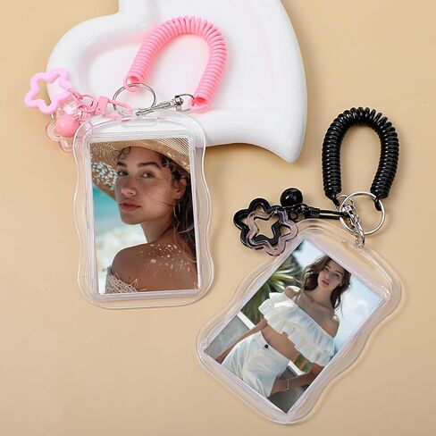 2 حزمة حامل بطاقة الصورة، حامل بطاقة الصور لطيف نجمة موجة Photocard المفاتيح Kawaii بطاقة صورة شفافة لبطاقات الهوية حافلة حامي حاملي بطاقات المعبود (أسود، وردي) in Kuwait