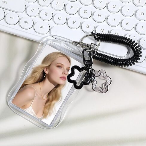 2 حزمة حامل بطاقة الصورة، حامل بطاقة الصور لطيف نجمة موجة Photocard المفاتيح Kawaii بطاقة صورة شفافة لبطاقات الهوية حافلة حامي حاملي بطاقات المعبود (أسود، وردي) in Kuwait