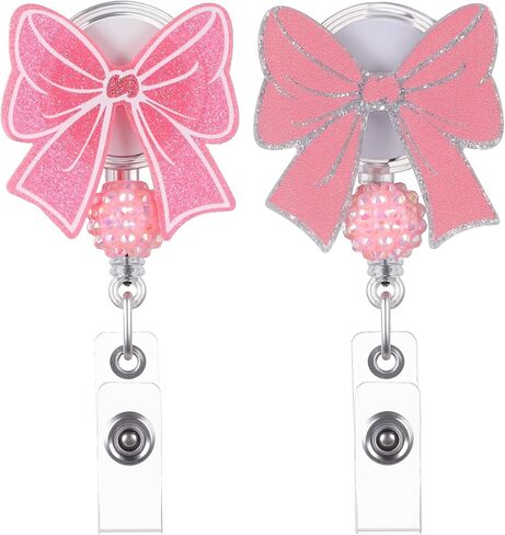 2 Pack Pink Bow Bead Badge Reel, Retractable Nurse Badge Reels with Alligator Clip, Cute Badge Reel for Nurse Teacher Office Work in Kuwait