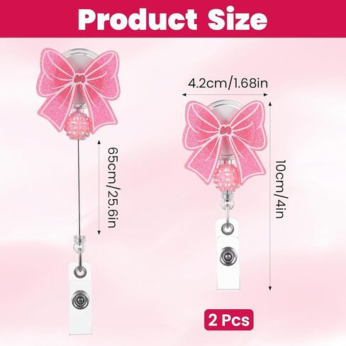 2 Pack Pink Bow Bead Badge Reel, Retractable Nurse Badge Reels with Alligator Clip, Cute Badge Reel for Nurse Teacher Office Work in Kuwait
