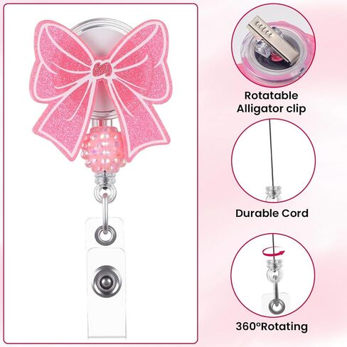 2 Pack Pink Bow Bead Badge Reel, Retractable Nurse Badge Reels with Alligator Clip, Cute Badge Reel for Nurse Teacher Office Work in Kuwait